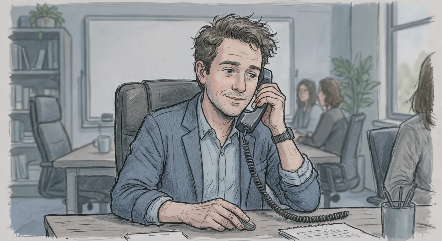 会議室で電話を受ける会社員のイラスト（手描き風）