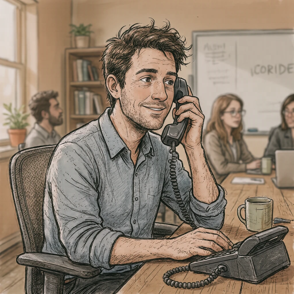 会議室で電話を受ける会社員のイラスト（手描き風）