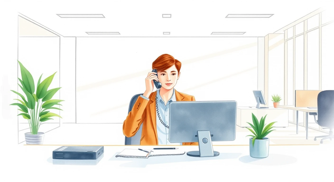 デスクワークのオフィスで電話を受ける会社員のイラスト(水彩)