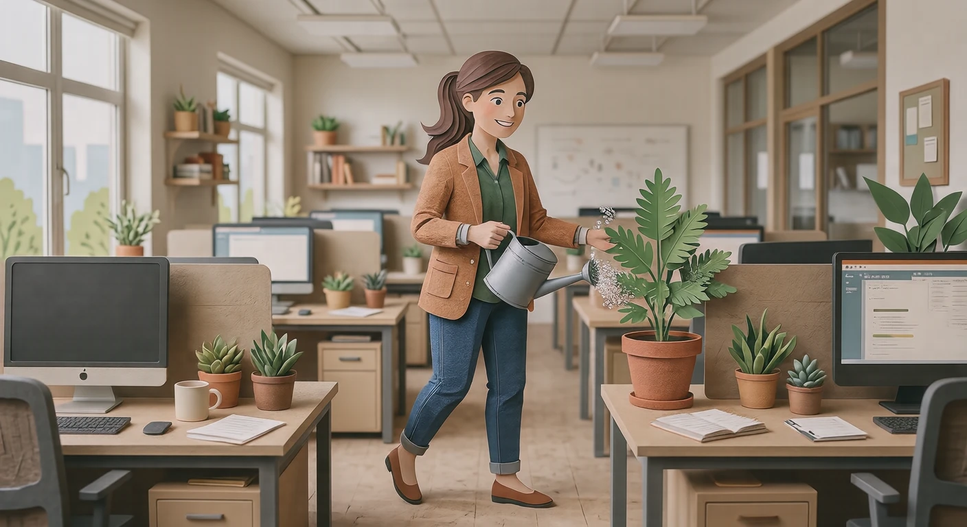 Illustration of one office worker holding a small watering can and watering a potted plant beside the desks, in an open-plan office, in soft morning light (paper cut-out)