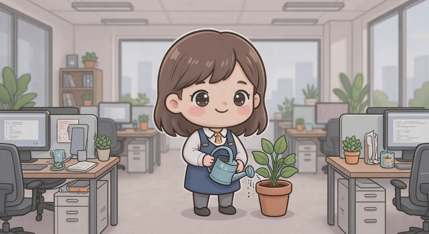 デスクワークのオフィスで観葉植物に水をやる会社員のイラスト（デフォルメ）