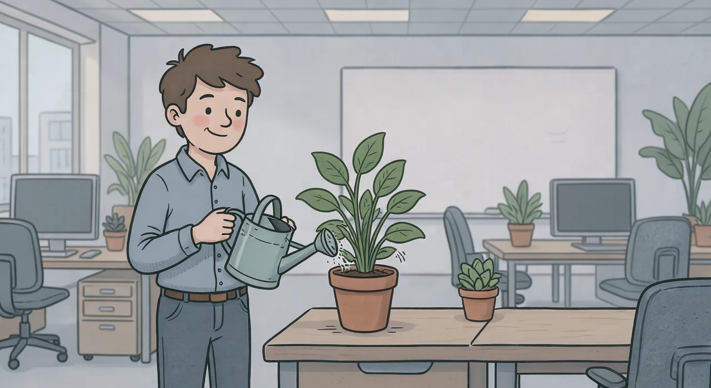 デスクワークのオフィスで観葉植物に水をやる会社員のイラスト（ゆるいイラスト）