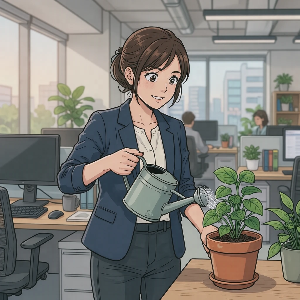 デスクワークのオフィスで観葉植物に水をやる会社員のイラスト（アニメ塗り）