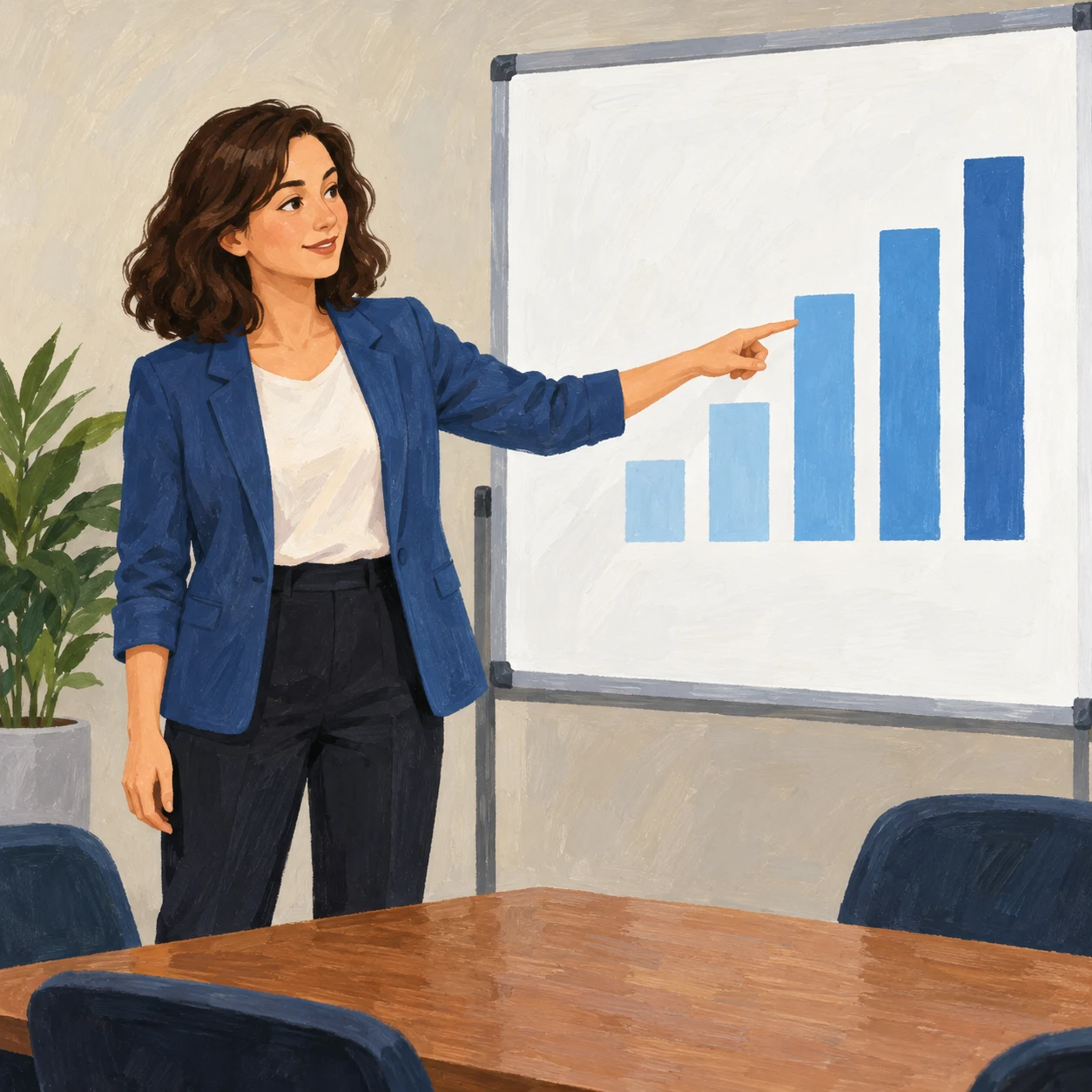 Illustration of one office worker standing beside a whiteboard and pointing at a simple bar chart drawn on it, in a meeting room, on an ordinary working day (gouache)