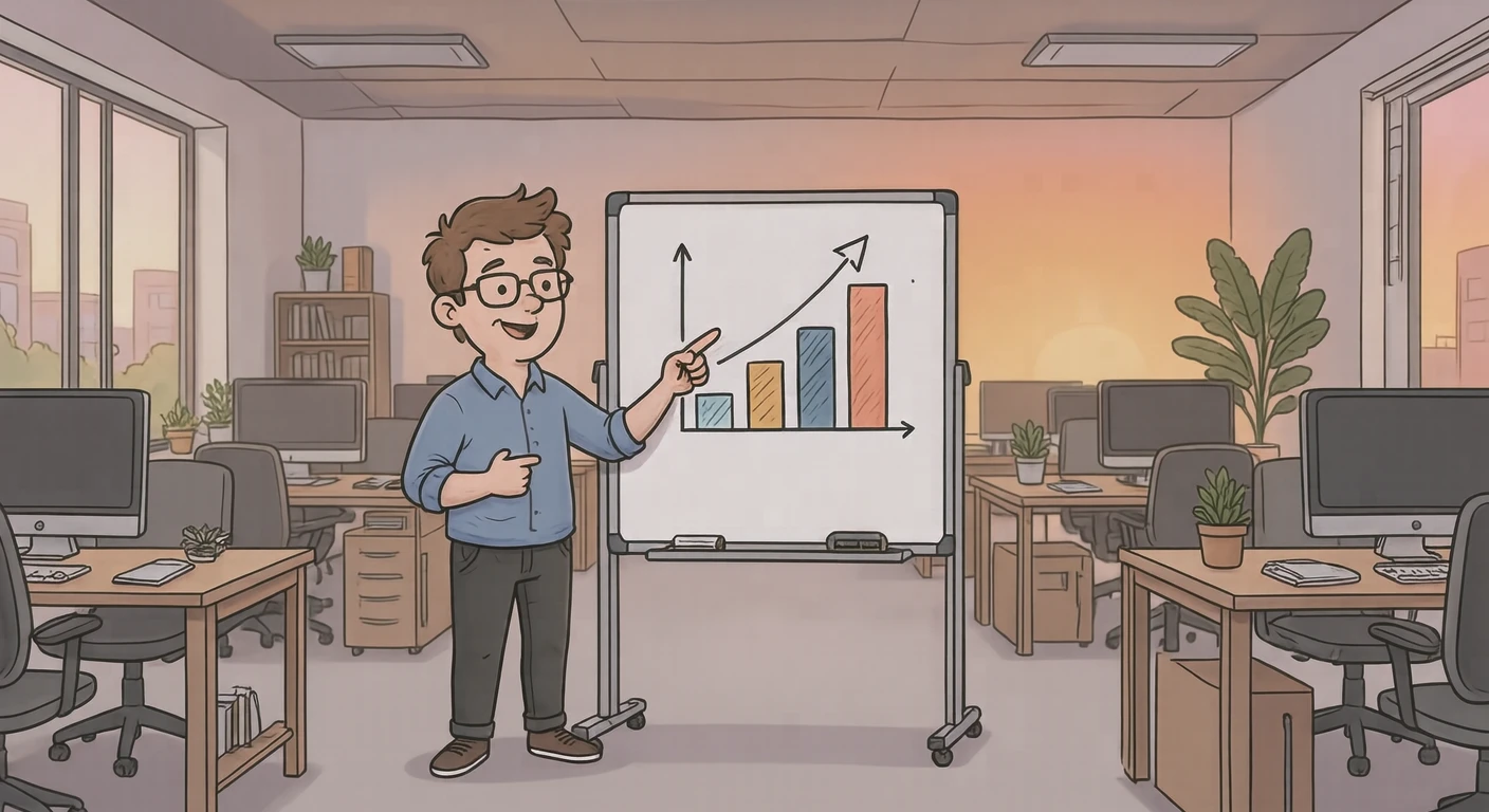 オフィスでホワイトボードの棒グラフを指す会社員のイラスト（ゆるいイラスト）