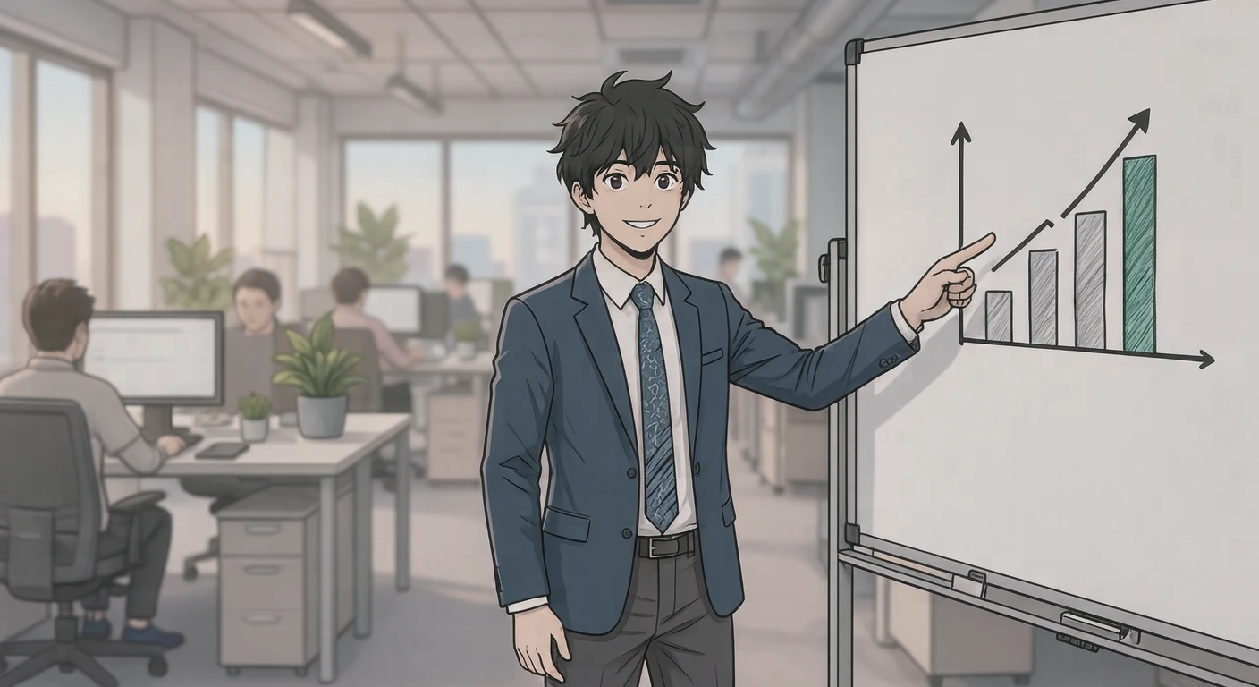 オフィスでホワイトボードの棒グラフを指す会社員のイラスト（アニメ塗り）