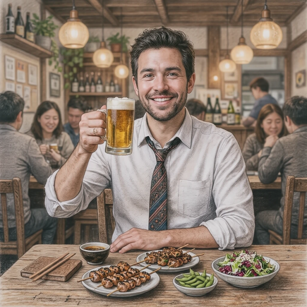 忘年会でグラスを掲げて乾杯する会社員のイラスト（色鉛筆）