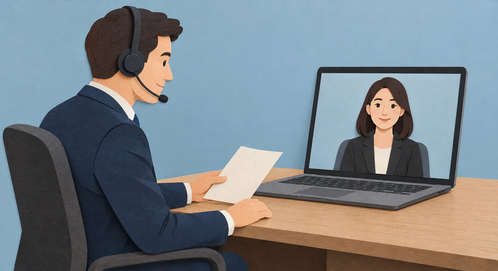 Illustration of an interviewer holding an online interview on a laptop (paper cut-out)