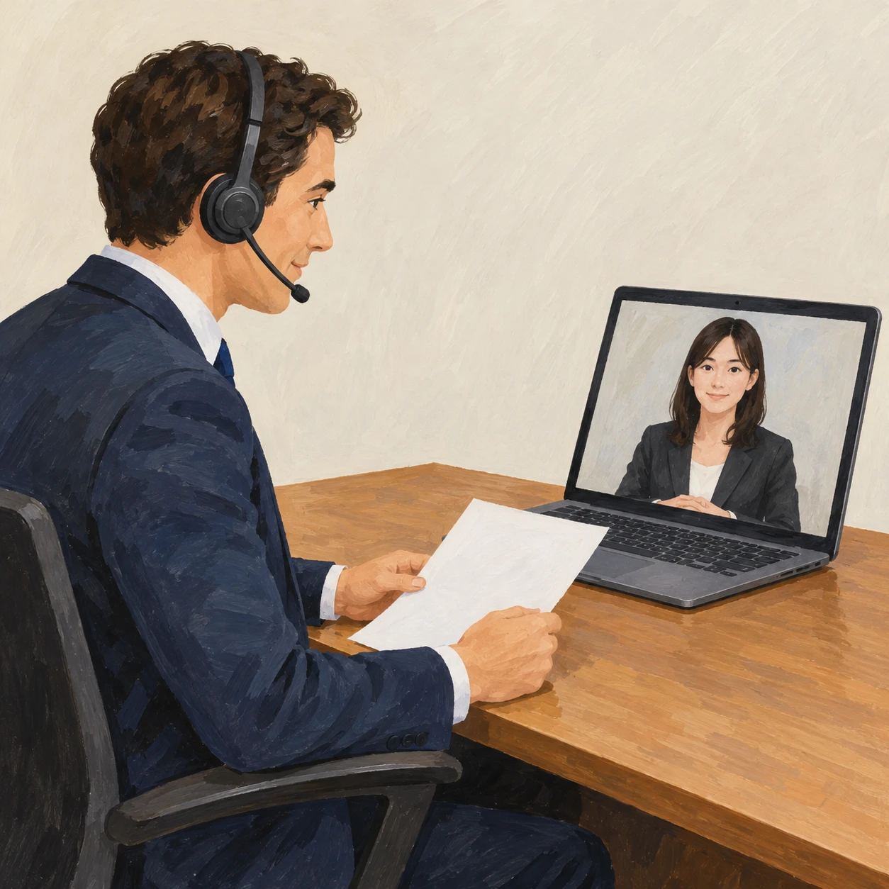 Illustration of an interviewer holding an online interview on a laptop (gouache)