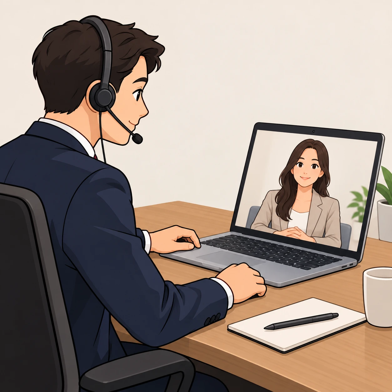 Illustration of an interviewer holding an online interview on a laptop (loose cartoon)
