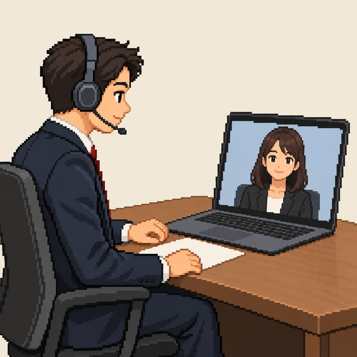 Illustration of an interviewer holding an online interview on a laptop (pixel art)