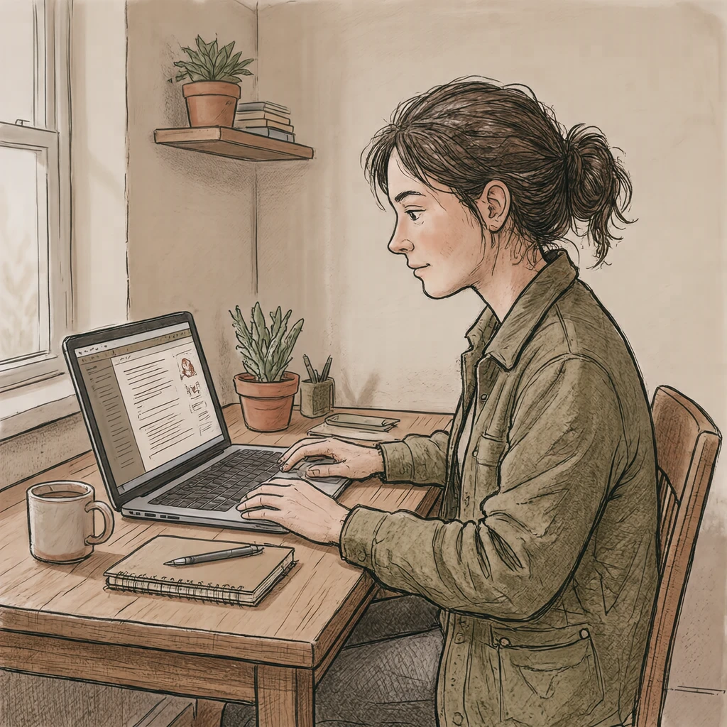 Illustration of a candidate in an online job interview from home (hand-drawn)