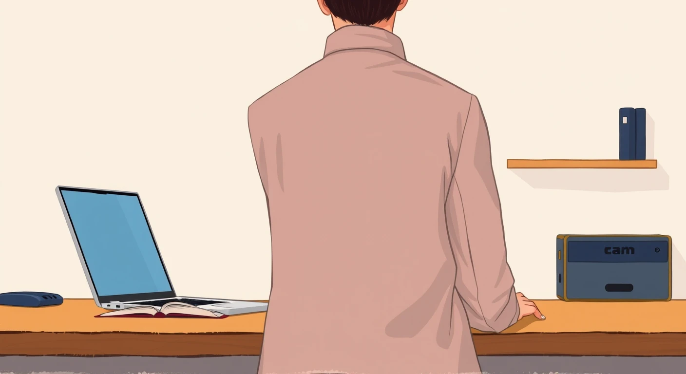 自宅からオンライン面接を受ける人のグアッシュ画風イラスト