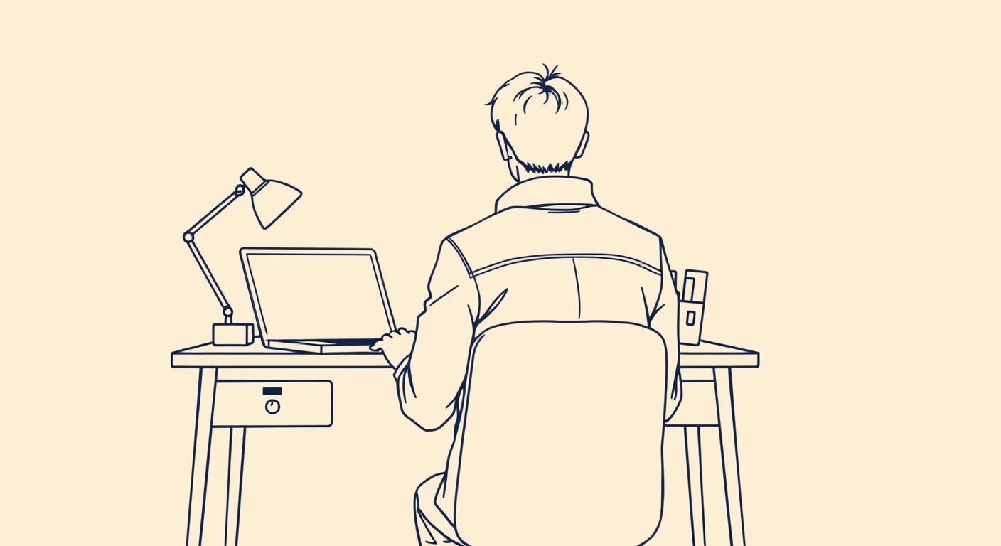 自宅からオンライン面接を受ける人のシンプルな線画イラスト