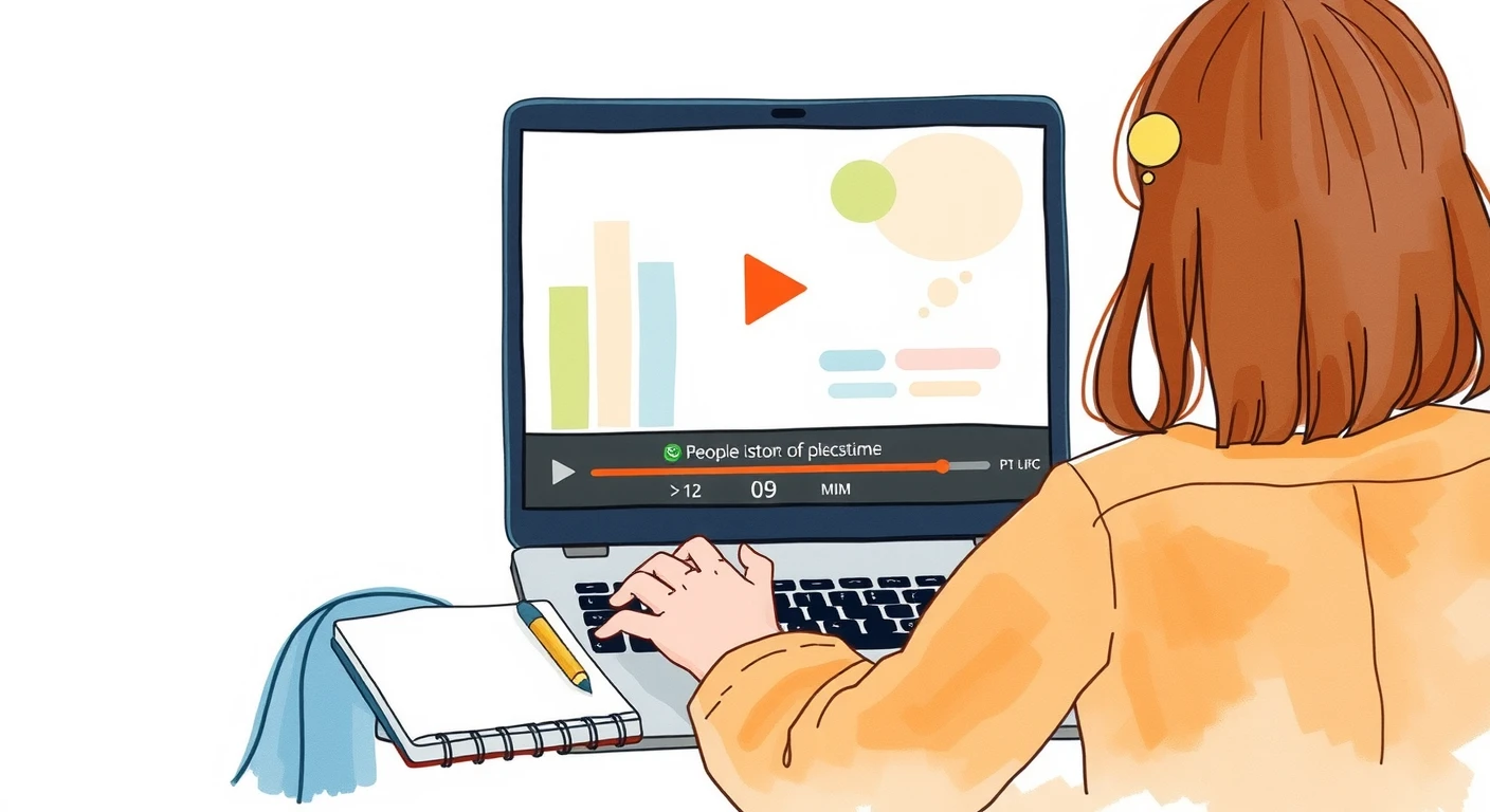パソコンでオンライン講座を受講する人の水彩イラスト