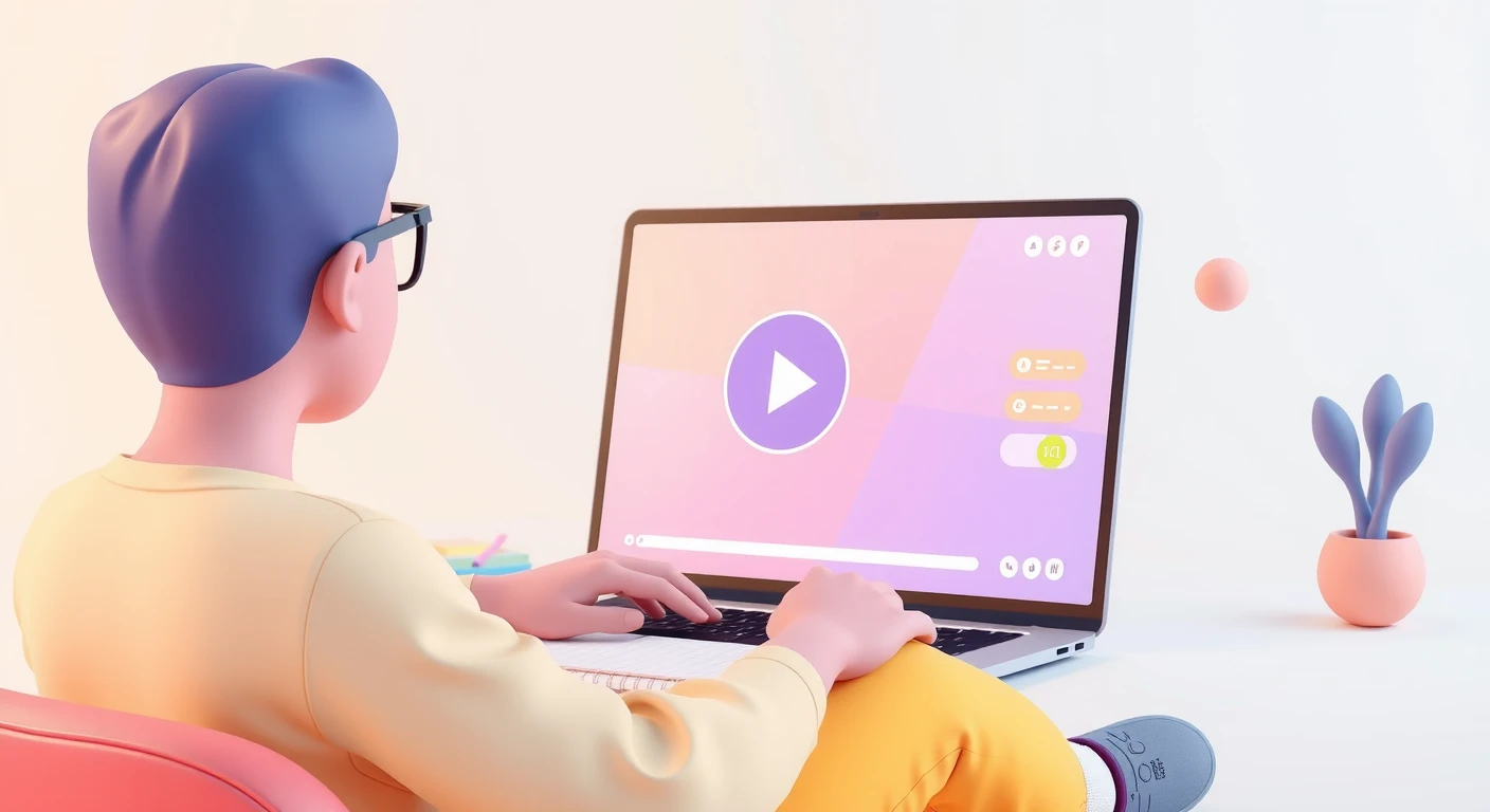 パソコンでオンライン講座を受講する人のソフトな3Dイラスト