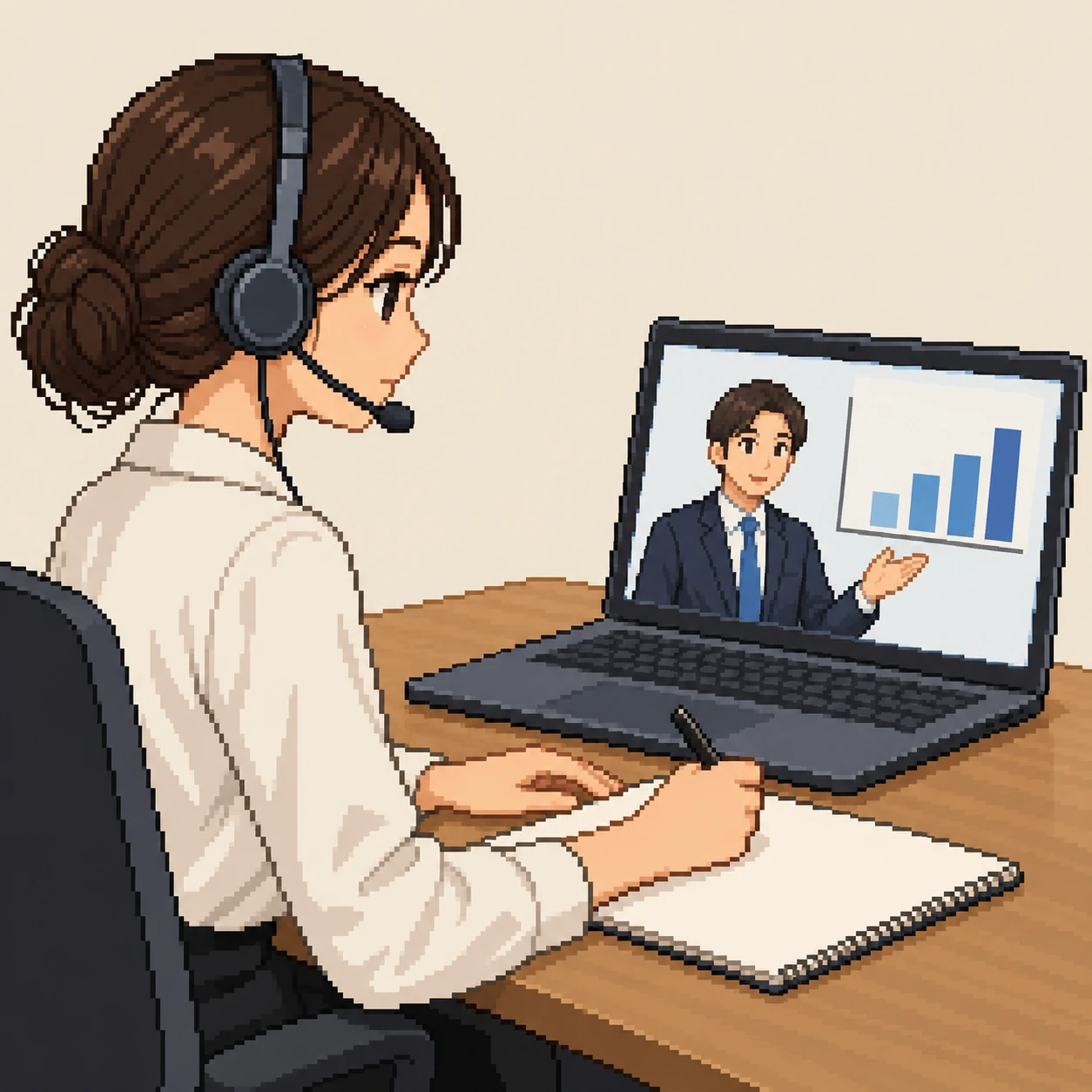 オンライン研修を受ける人のイラスト（ドット絵）