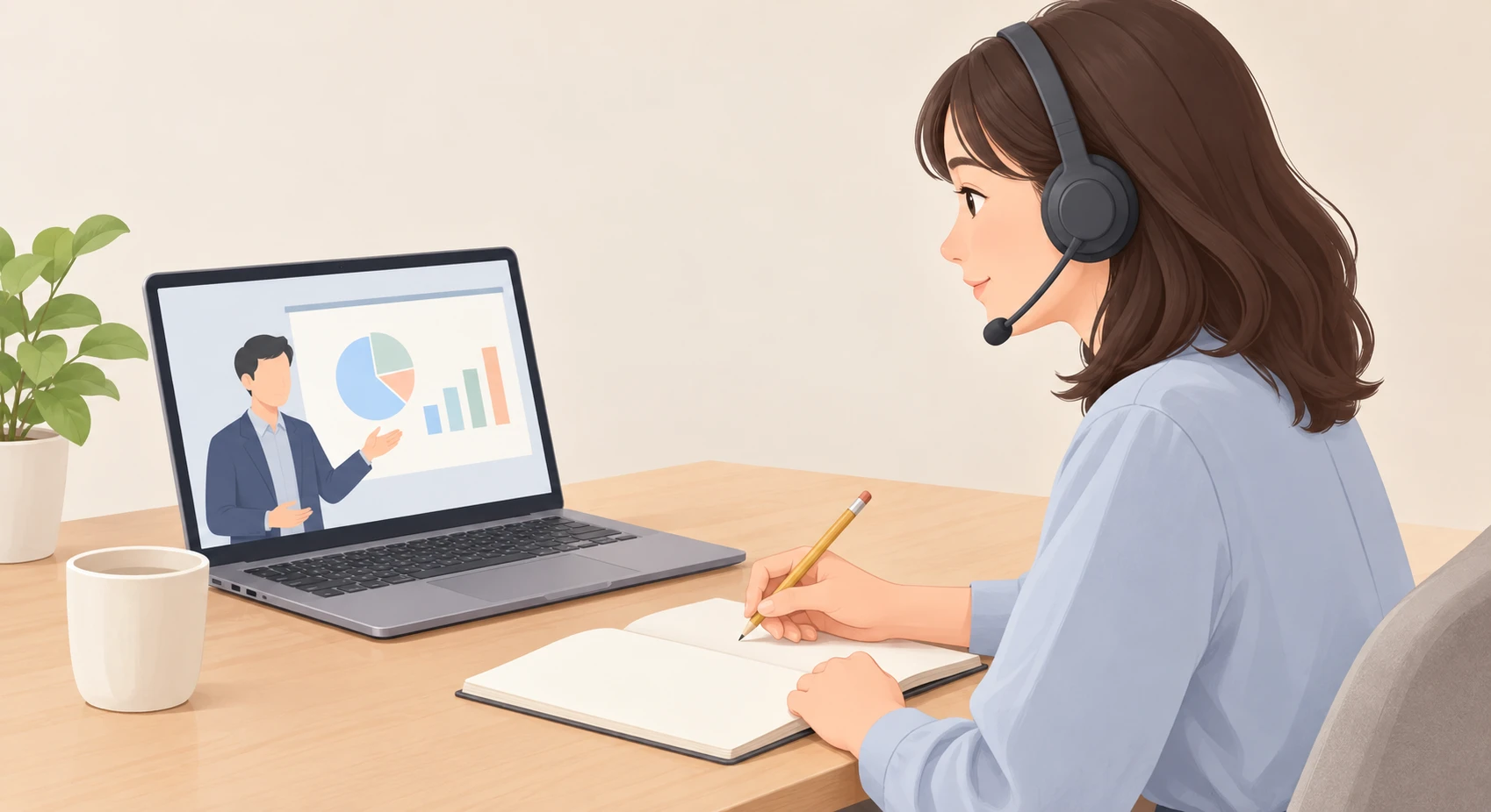 Illustration of a person taking an online training course (soft pastel)