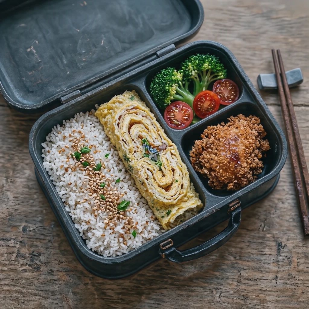 Illustration of an open lunch box seen from above (realistic)