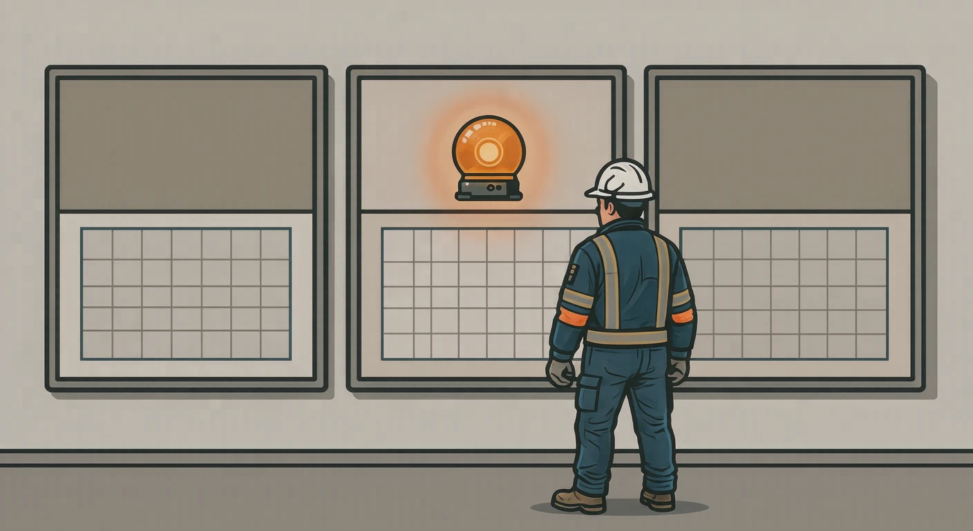 壁面のダッシュボードを監視するエンジニアのイラスト(グラフィックポスター)