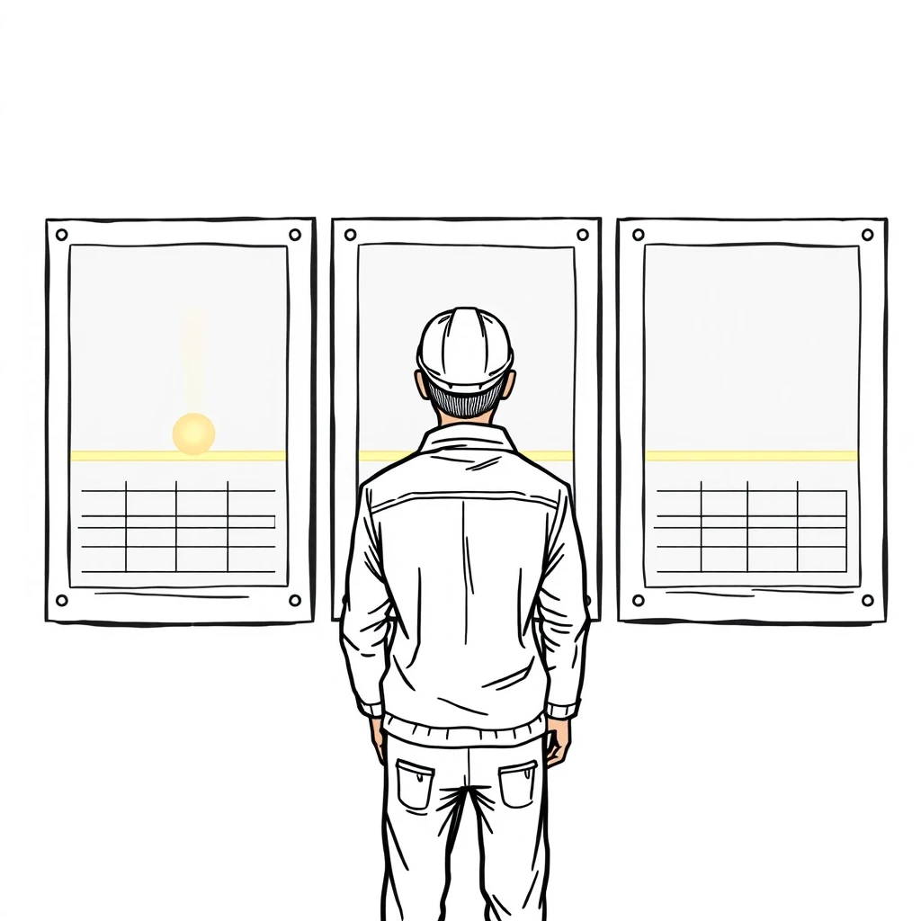 壁面のダッシュボードを監視するエンジニアの手描き風イラスト