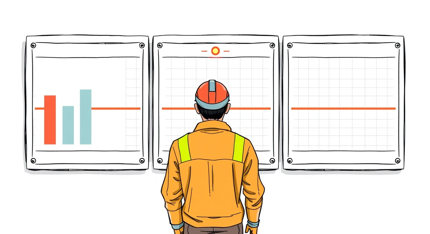 壁面のダッシュボードを監視するエンジニアの手描き風イラスト