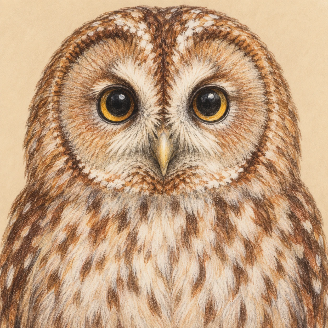 Profile picture of an owl seen from the front (colored pencil)