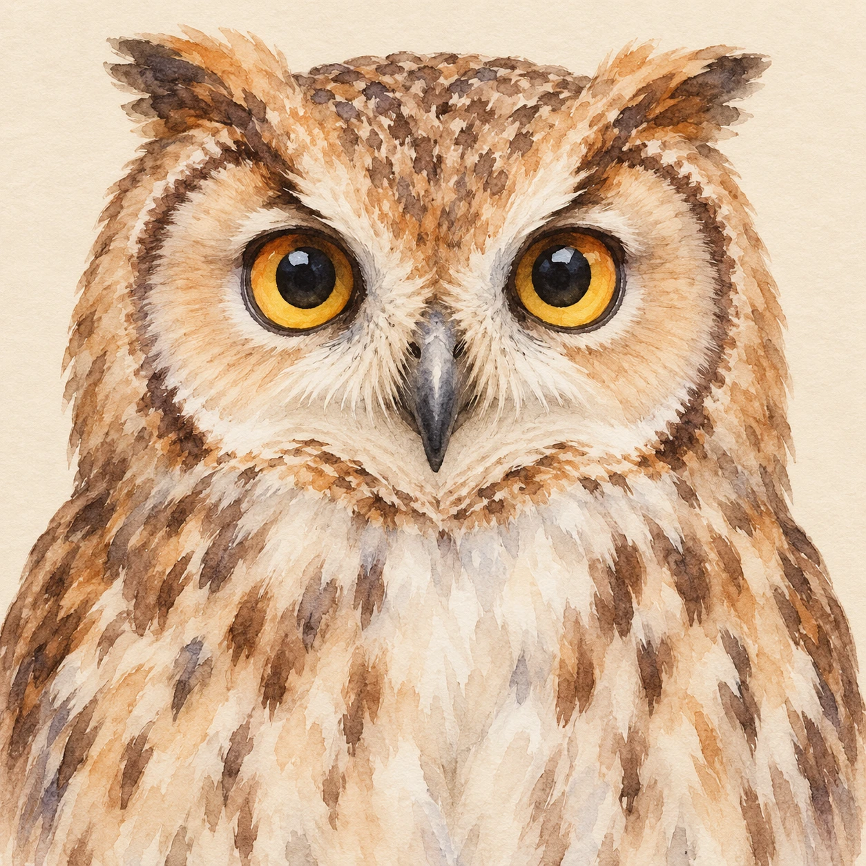 Profile picture of an owl seen from the front (watercolor)