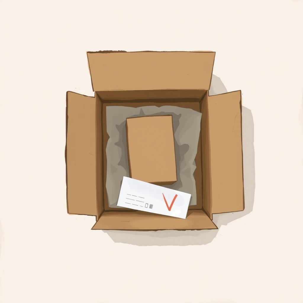 商品が入った開封済み段ボールのグアッシュ画風イラスト