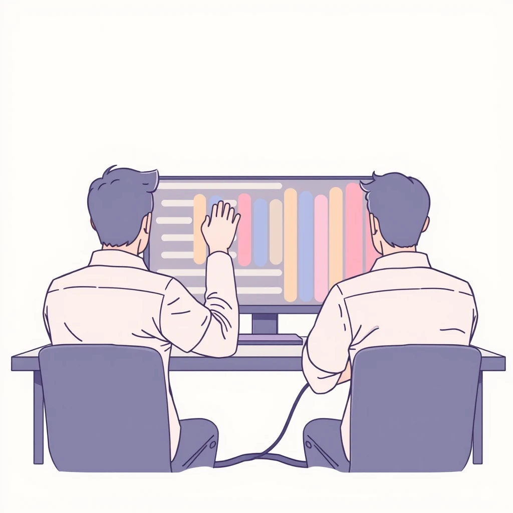 1台のモニターを見る2人の開発者のパステル調のイラスト