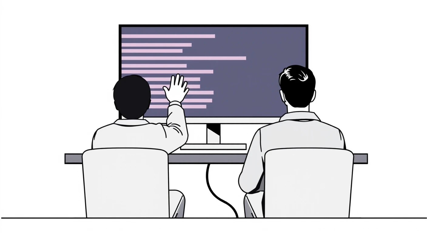 1台のモニターを見る2人の開発者のポスター風イラスト
