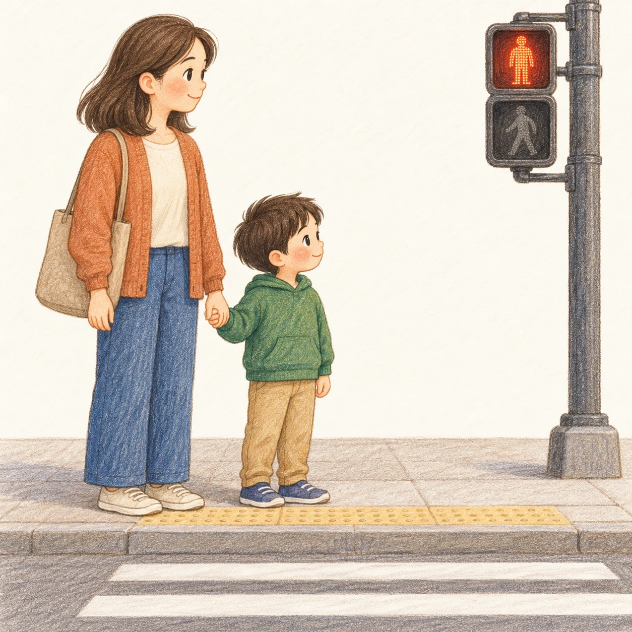 信号待ちをする親子のイラスト（色鉛筆）