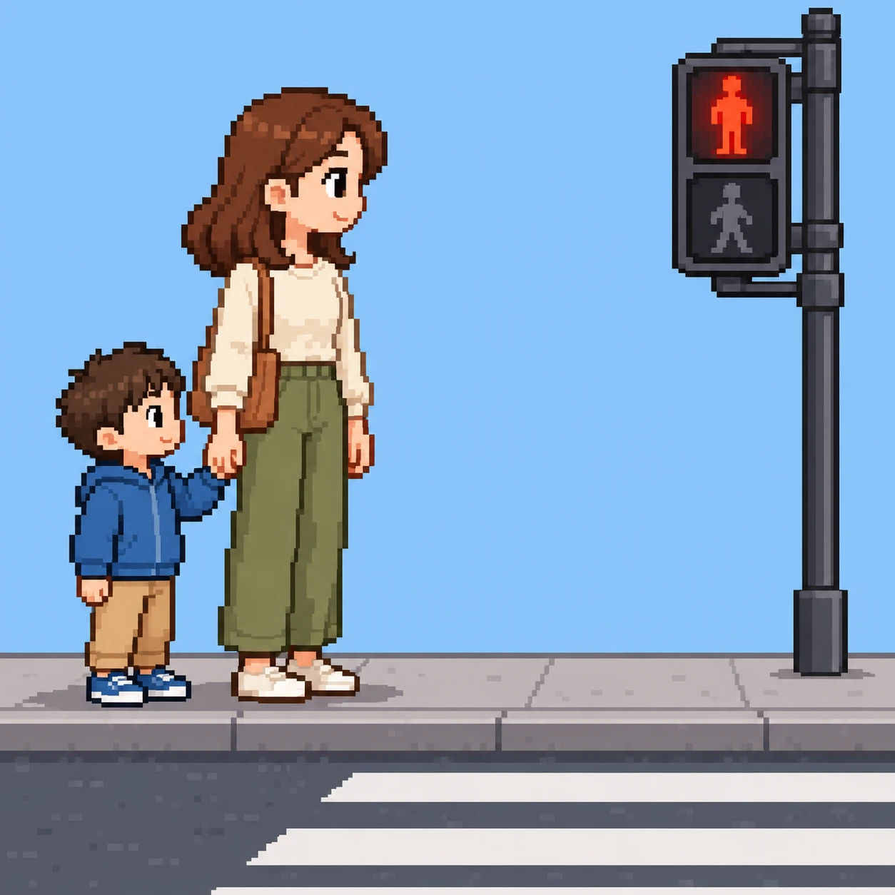 信号待ちをする親子のイラスト(ドット絵)