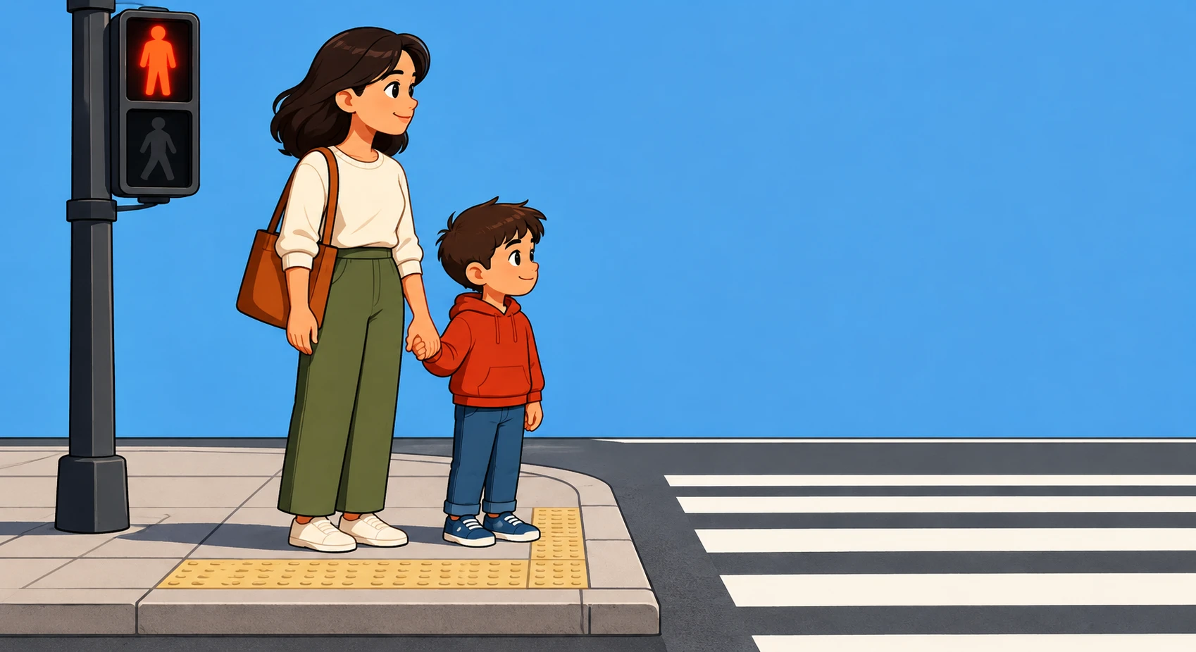 信号待ちをする親子のイラスト（グラフィックポスター）
