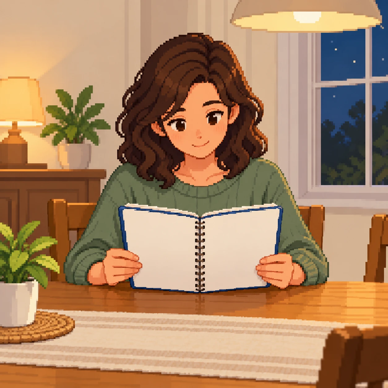 自宅で連絡帳を読む保護者のイラスト（ドット絵）