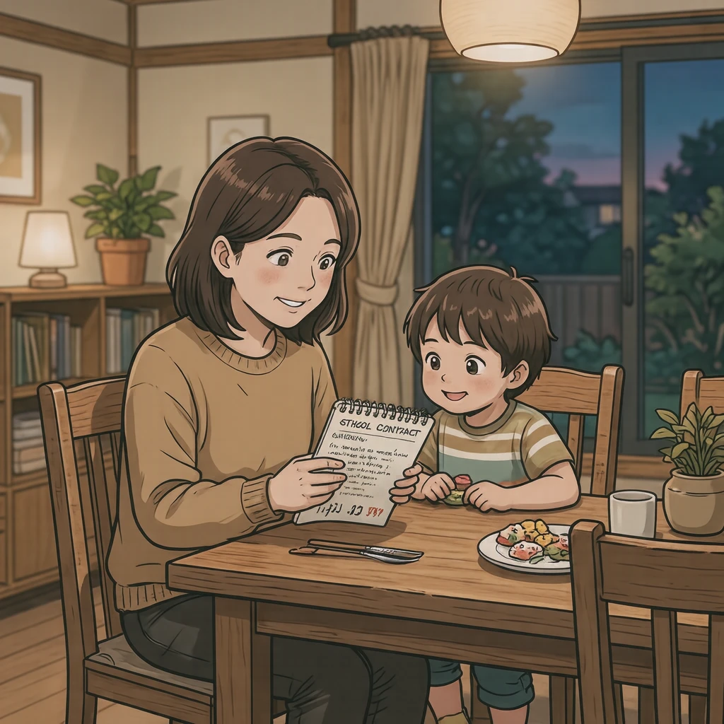 집에서 알림장을 읽는 보호자 일러스트 (애니메이션 채색)