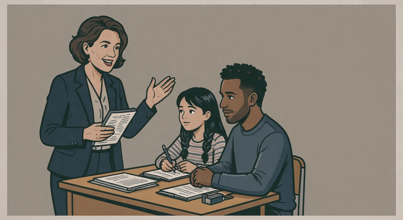 教室で三者面談をする教師と生徒と保護者のイラスト（グラフィックポスター）