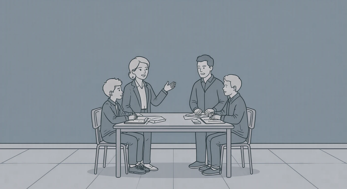教室で三者面談をする教師と生徒と保護者のイラスト（シンプル線画）