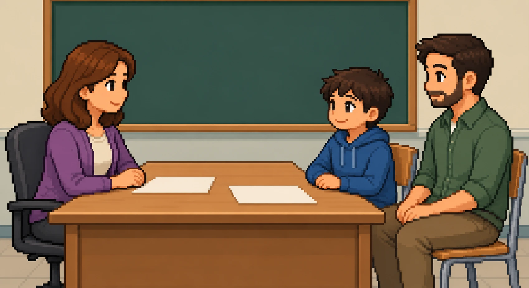 教室で三者面談をする教師と生徒と保護者のイラスト（ドット絵）