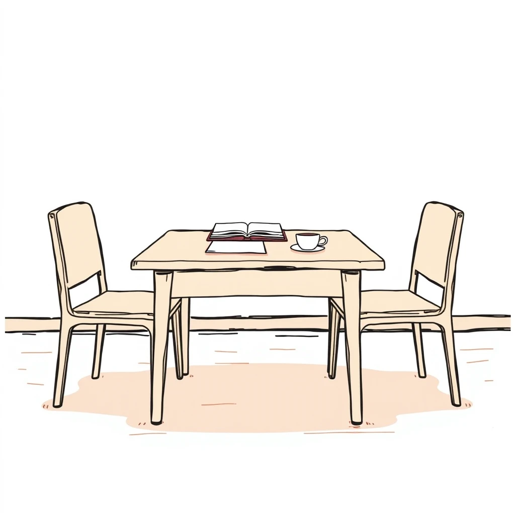三者面談の机と椅子と資料のイラスト（手描き風）