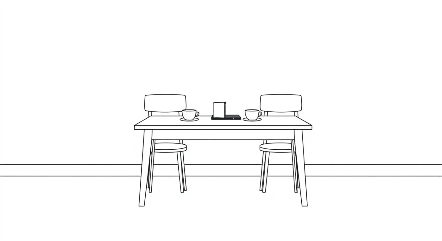 三者面談の机と椅子と資料のイラスト（シンプル線画）