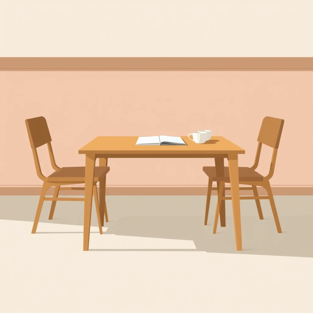 三者面談の机と椅子と資料のポスター風イラスト