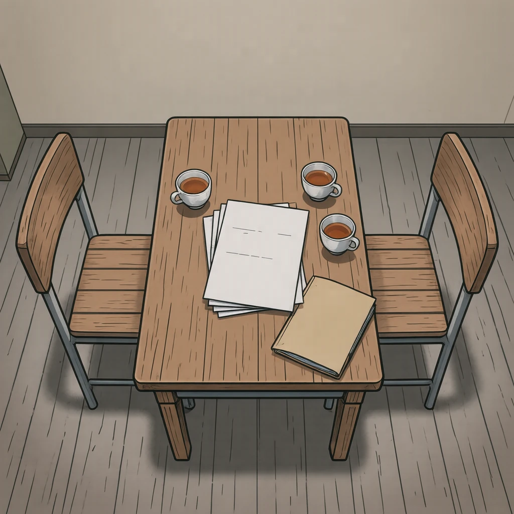 三者面談の机と椅子と資料のイラスト（アニメ塗り）