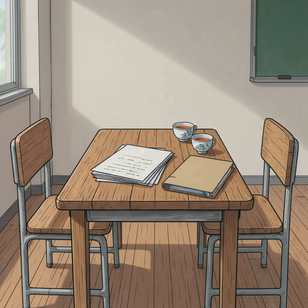 三者面談の机と椅子と資料のイラスト（アニメ塗り）