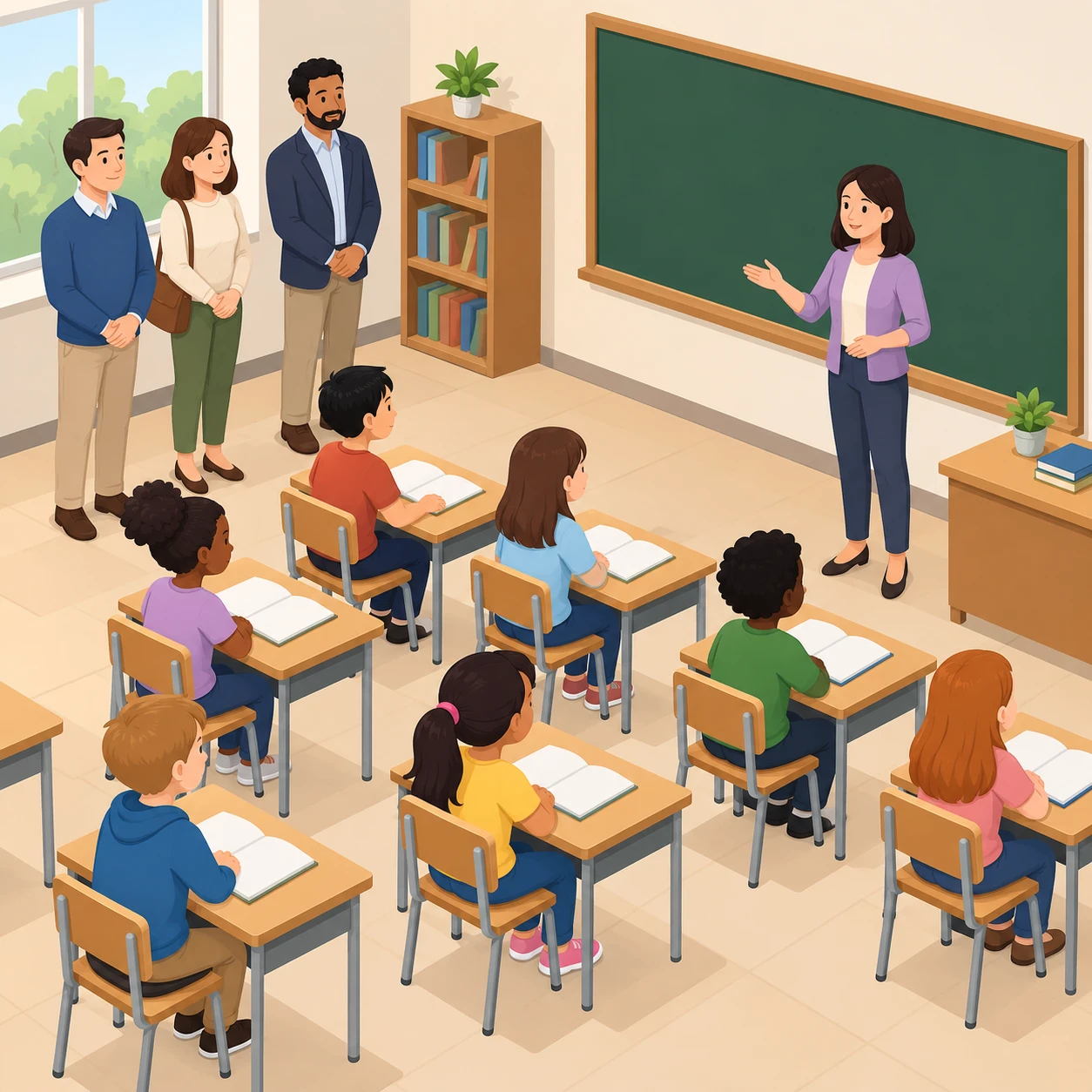 授業参観で教室の後ろから授業を見守る保護者たちのイラスト（アイソメトリック）
