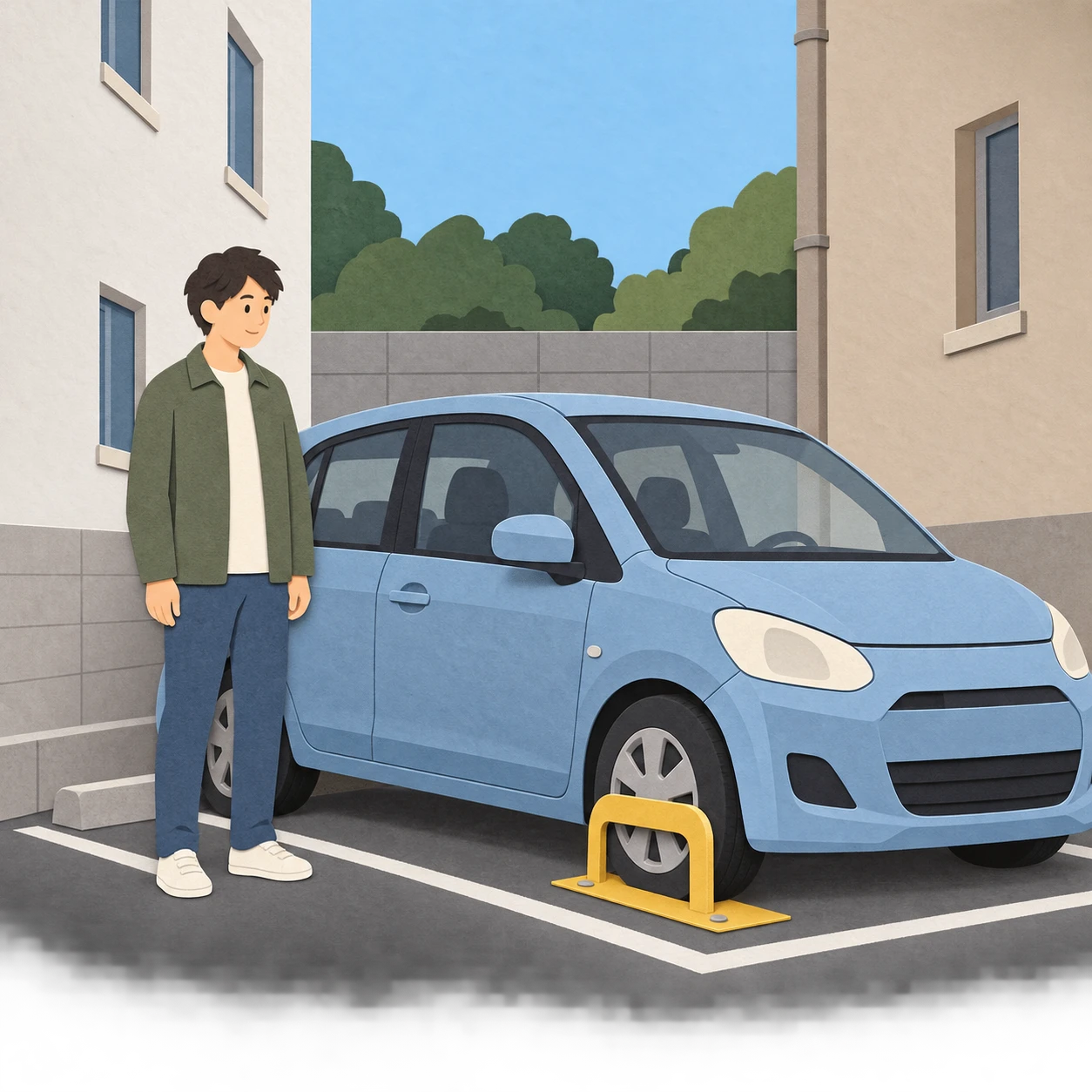 コインパーキングでロック板の上がった車の横に立つドライバーのイラスト（切り絵）