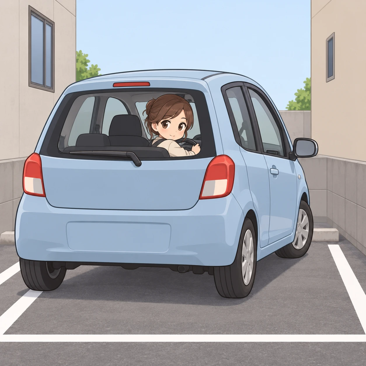 コインパーキングでバック駐車をするドライバーのイラスト（デフォルメ）