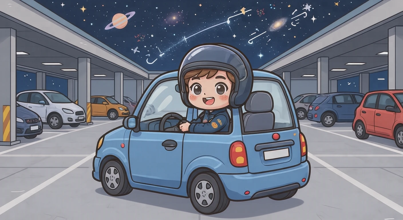 有料駐車場でバック駐車をするドライバーのイラスト（デフォルメ）
