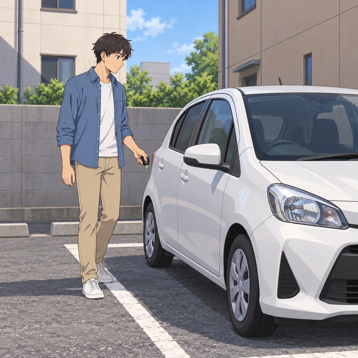 コインパーキングで停めた車へ歩くドライバーのイラスト（アニメ塗り）