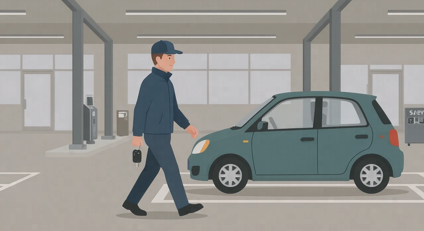 有料駐車場で停めた車へ歩くドライバーのイラスト（フラットイラスト）
